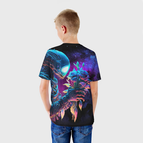 Детская футболка 3D с принтом Инопланетянин с неоновыми цветами, вид сзади #2