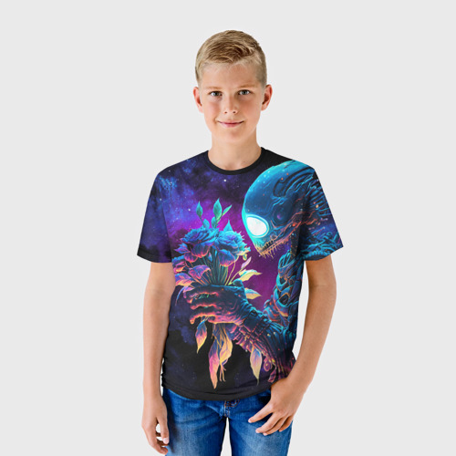 Детская футболка 3D с принтом Инопланетянин с неоновыми цветами, фото на моделе #1