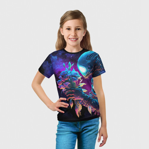 Детская футболка 3D с принтом Инопланетянин с неоновыми цветами, вид сбоку #3