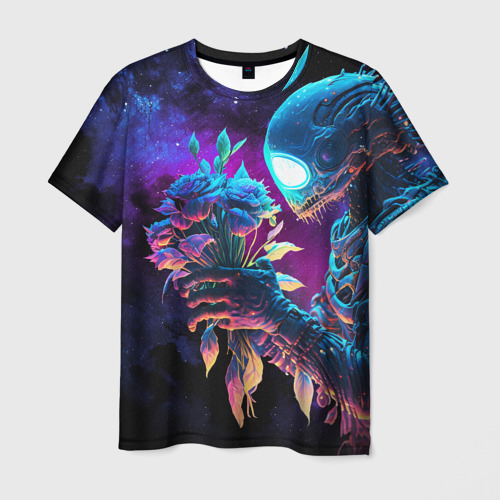 Мужская футболка с принтом Инопланетянин с неоновыми цветами, вид спереди №1