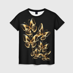 Женская футболка 3D Золотые бабочки на черном