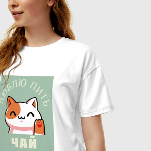 Женская футболка хлопок Oversize с принтом Для тех кто любит чай и котиков, фото на моделе #1