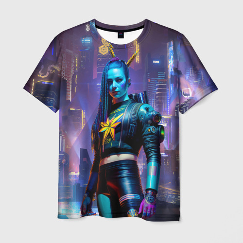 Мужская футболка с принтом Cyberpunk - brave girl - neural network, вид спереди №1