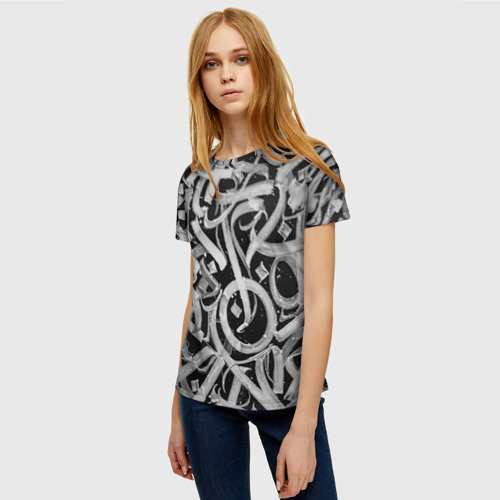 Женская футболка 3D Черно-белая каллиграфия, цвет 3D печать - фото 3