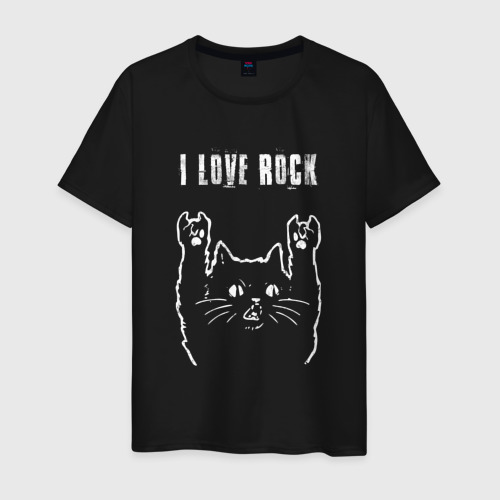 Мужская футболка из хлопка с принтом I love rock рок кот, вид спереди №1
