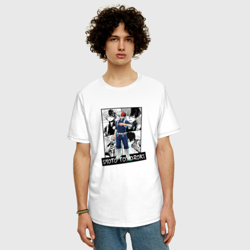 Мужская футболка хлопок Oversize с принтом Шото Тодороки на фоне манги, фото на моделе #1