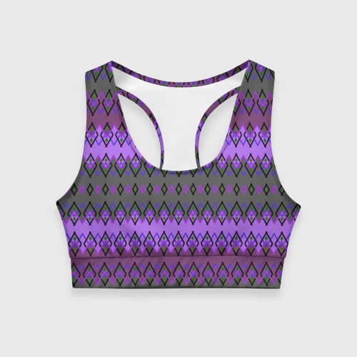 Женский спортивный топ с принтом Серо-фиолетовый этнический геометрический узор, вид спереди №1