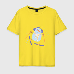 Мужская футболка хлопок Oversize Снеговик катается на лыжах