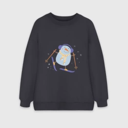 Женский свитшот oversize без начеса хлопок Снеговик катается на лыжах