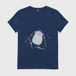 Женская футболка хлопок Снеговик катается на лыжах