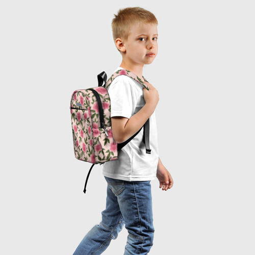 Детский рюкзак 3D с принтом Акварельные розы на бежевом - паттерн, вид сзади #1
