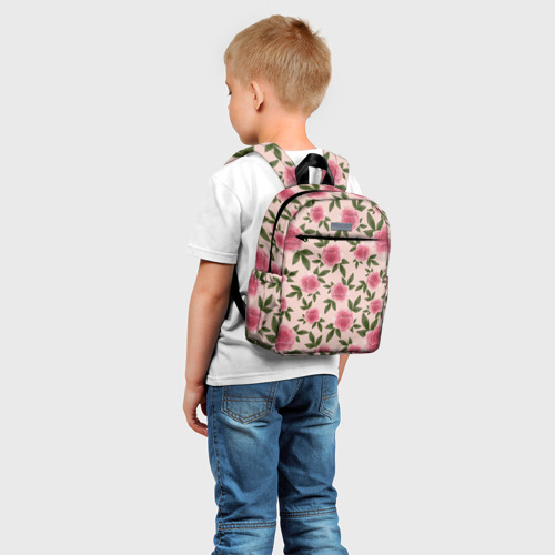 Детский рюкзак 3D с принтом Акварельные розы на бежевом - паттерн, фото на моделе #1