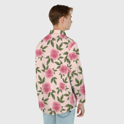 Мужская рубашка oversize 3D с принтом Акварельные розы на бежевом - паттерн, вид сзади #2