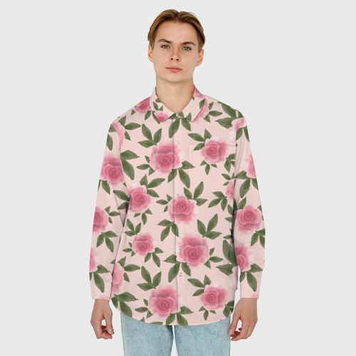 Мужская рубашка oversize 3D с принтом Акварельные розы на бежевом - паттерн, фото на моделе #1