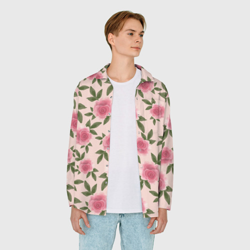 Мужская рубашка oversize 3D с принтом Акварельные розы на бежевом - паттерн, вид сбоку #3