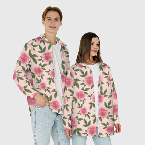 Мужская рубашка oversize 3D с принтом Акварельные розы на бежевом - паттерн, фото #4