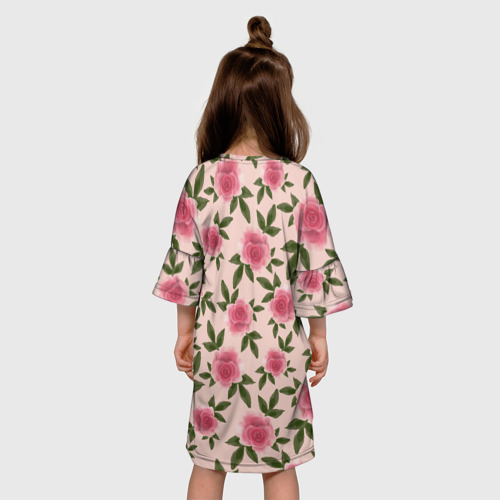 Детское платье 3D с принтом Акварельные розы на бежевом - паттерн, вид сзади #2