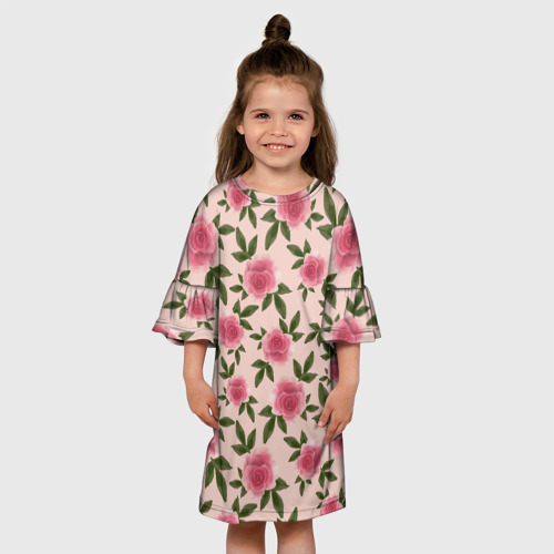 Детское платье 3D с принтом Акварельные розы на бежевом - паттерн, вид сбоку #3