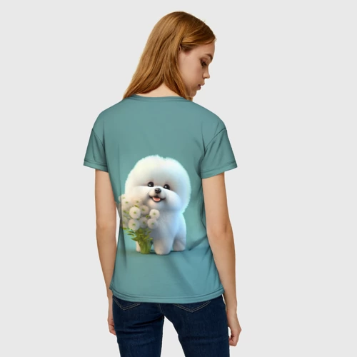 Женская футболка 3D с принтом Белая собака милаха, вид сзади #2