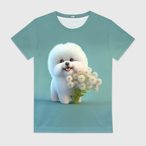 Женская футболка 3D с принтом Белая собака милаха, вид спереди #2