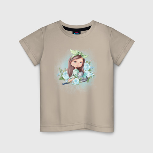 Детская футболка хлопок Милая девушка со своей кошкой акварелью, цвет миндальный