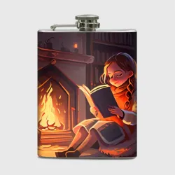 Фляга Девушка читает книгу возле камина под пледом