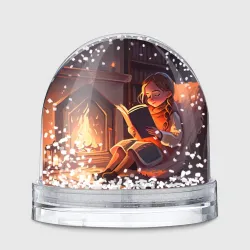 Игрушка Снежный шар Девушка читает книгу возле камина под пледом