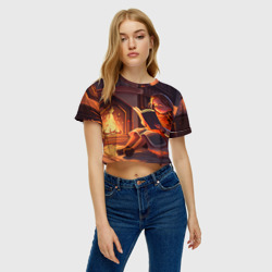 Женская футболка Crop-top 3D Девушка читает книгу возле камина под пледом - фото 2