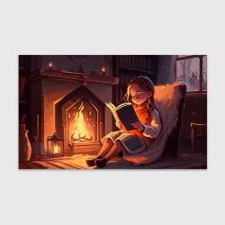 Бумага для упаковки 3D Девушка читает книгу возле камина под пледом