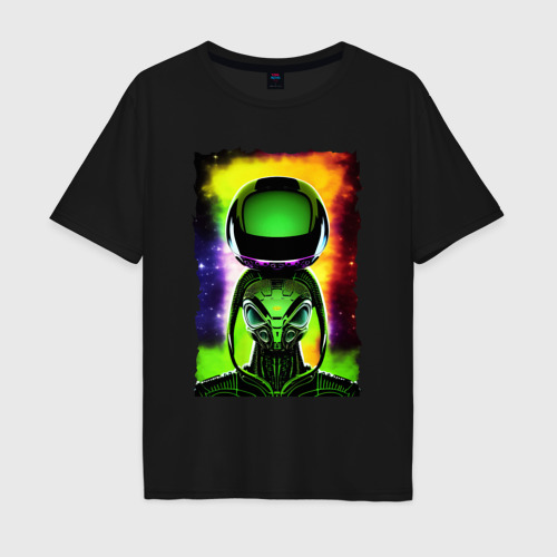Мужская футболка хлопок Oversize с принтом Bizarre alien - neural network - neon glow, вид спереди #2