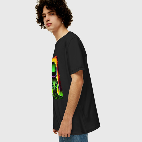 Мужская футболка хлопок Oversize с принтом Bizarre alien - neural network - neon glow, вид сбоку #3