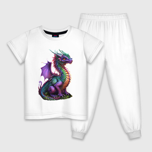 Детская пижама из хлопка с принтом Разноцветный дракончик, вид спереди №1