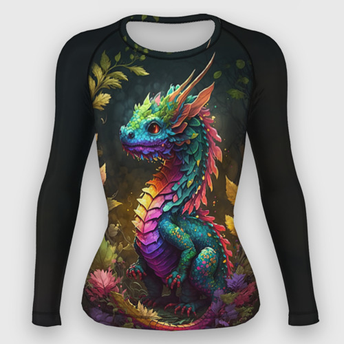 Женский рашгард 3D с принтом Разноцветный дракончик в лесу, вид спереди #2