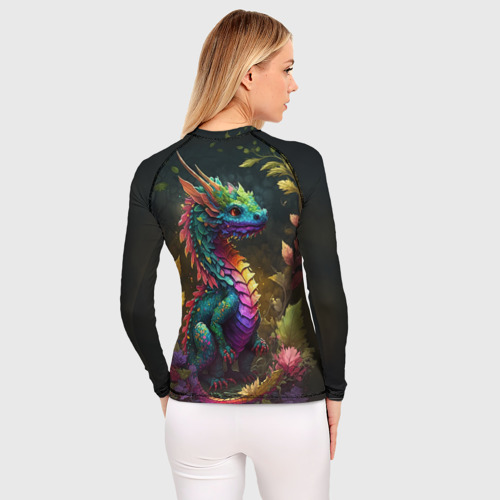 Женский рашгард 3D с принтом Разноцветный дракончик в лесу, вид сзади #2