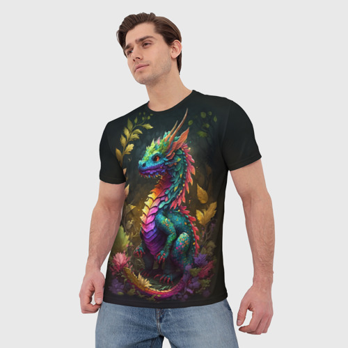 Мужская футболка 3D Разноцветный дракончик в лесу, цвет 3D печать - фото 3