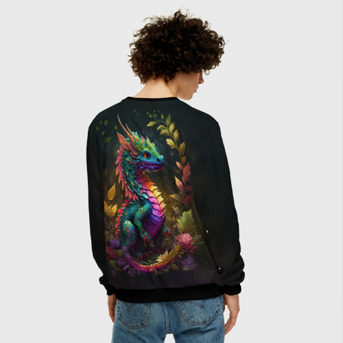 Мужской свитшот 3D с принтом Разноцветный дракончик в лесу, вид сзади #2