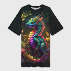 Платье-футболка 3D Разноцветный дракончик в лесу