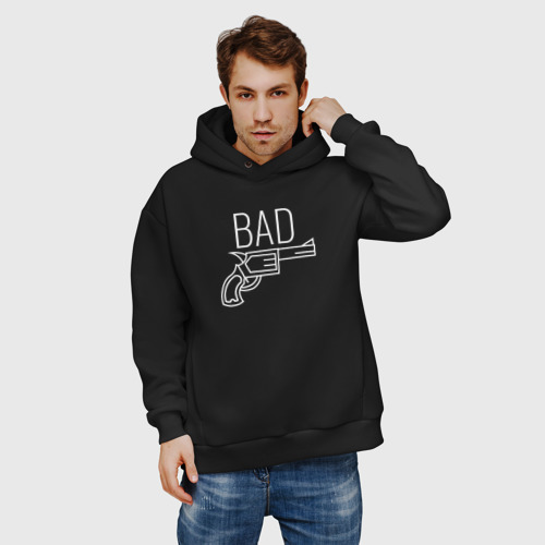 Мужское худи Oversize хлопок Bad надпись с револьвером, цвет черный - фото 3