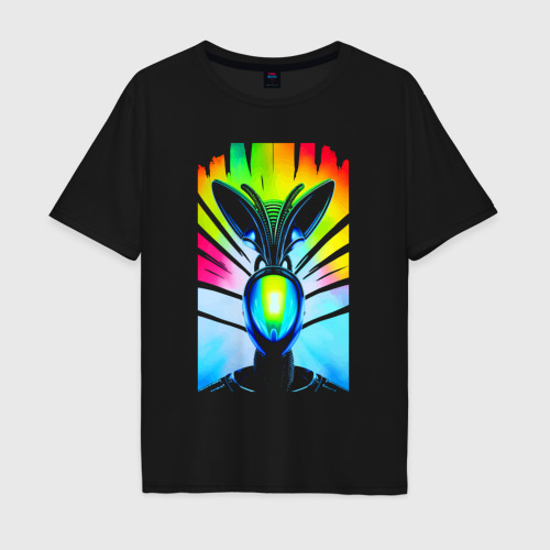Мужская футболка хлопок Oversize с принтом Alien - neural network - neon glow, вид спереди #2