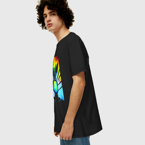 Мужская футболка хлопок Oversize с принтом Alien - neural network - neon glow, вид сбоку #3