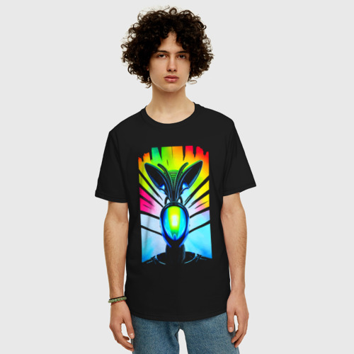Мужская футболка хлопок Oversize с принтом Alien - neural network - neon glow, фото на моделе #1