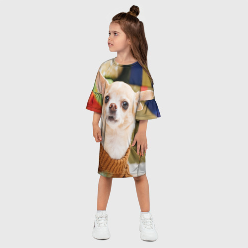 Детское платье 3D с принтом Праздничный чихуахуа, фото на моделе #1