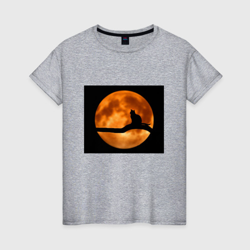 Женская футболка хлопок с принтом Кот под луной, вид спереди #2