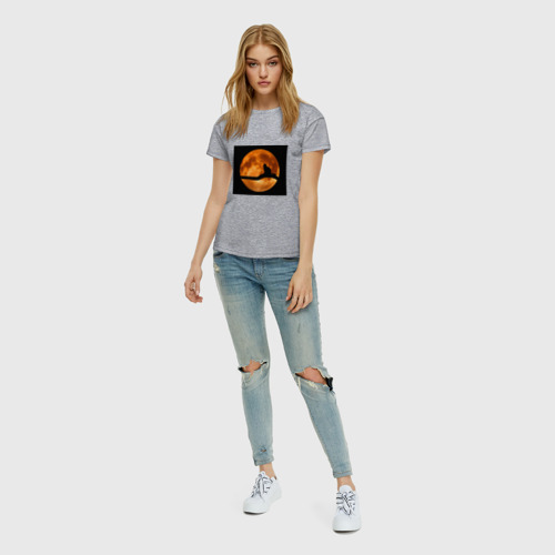 Женская футболка хлопок с принтом Кот под луной, вид сбоку #3