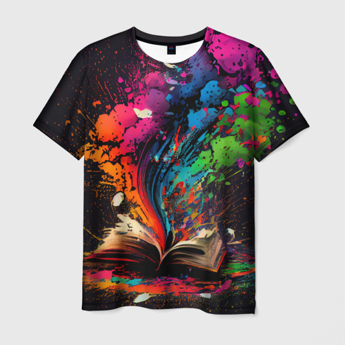 Мужская футболка 3D с принтом Книга и всплеск красок, вид спереди #2
