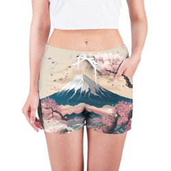 Женские шорты 3D Японский пейзаж: цветение сакуры у горы Фудзияма - фото 2