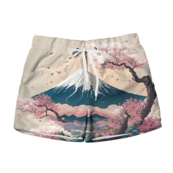 Женские шорты 3D Японский пейзаж: цветение сакуры у горы Фудзияма