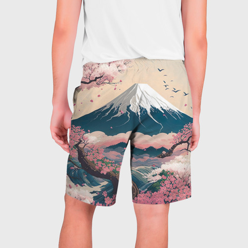 Мужские шорты 3D Японский пейзаж: цветение сакуры у горы Фудзияма, цвет 3D печать - фото 2