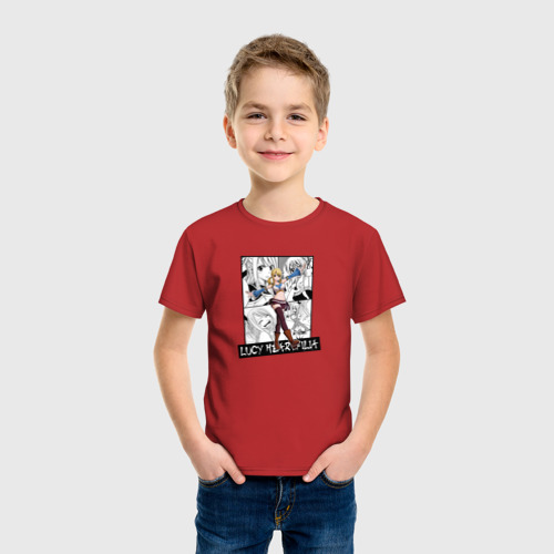 Детская футболка хлопок с принтом Люси Хартфилия на фоне манги, фото на моделе #1
