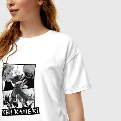 Женская футболка хлопок Oversize с принтом Канеки Кен на фоне манги, фото на моделе #1